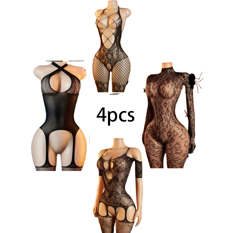 Bodystocking Fishnet - 4-częściowy zestaw seksownej bielizny: damski kombinezon
